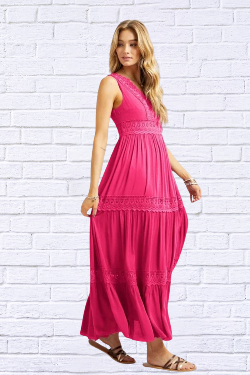 Hot Pink Lace Trip Ruffle V Neck Maxi Dress