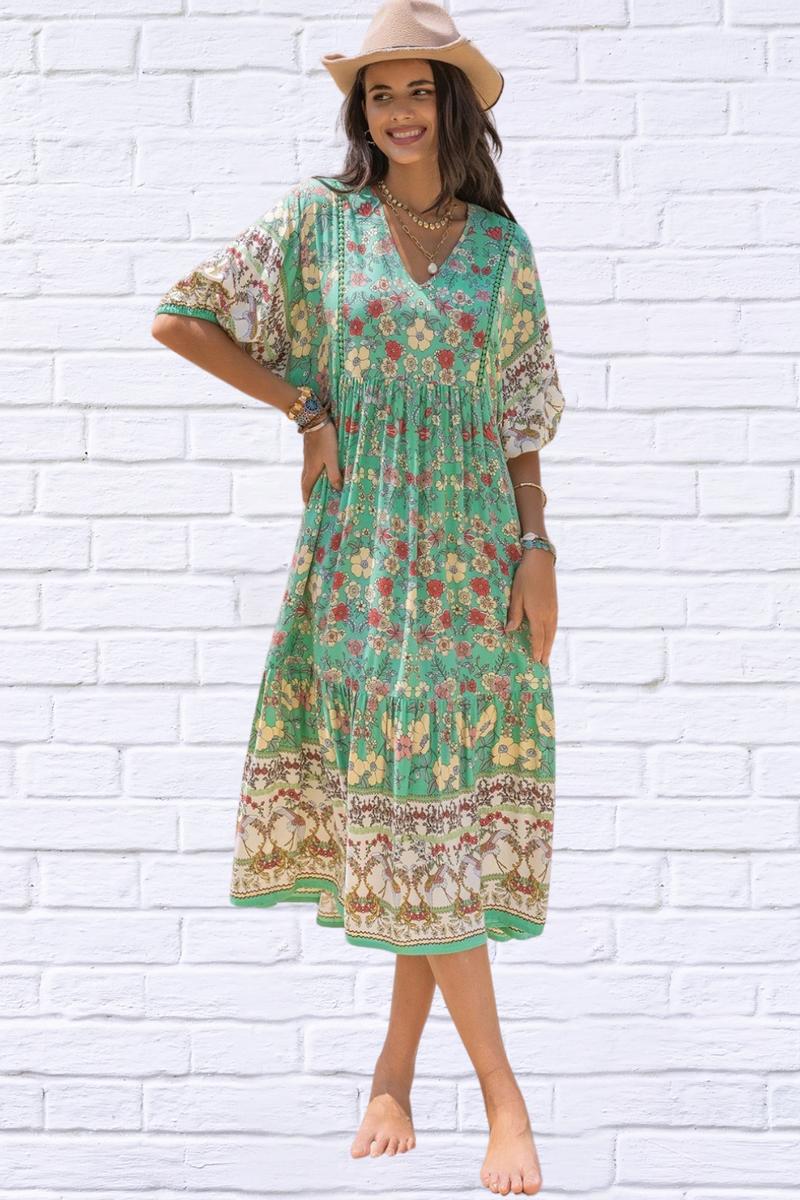 Ruched Printed Puff Sleeve Midi Dress – A Spring Must-Have