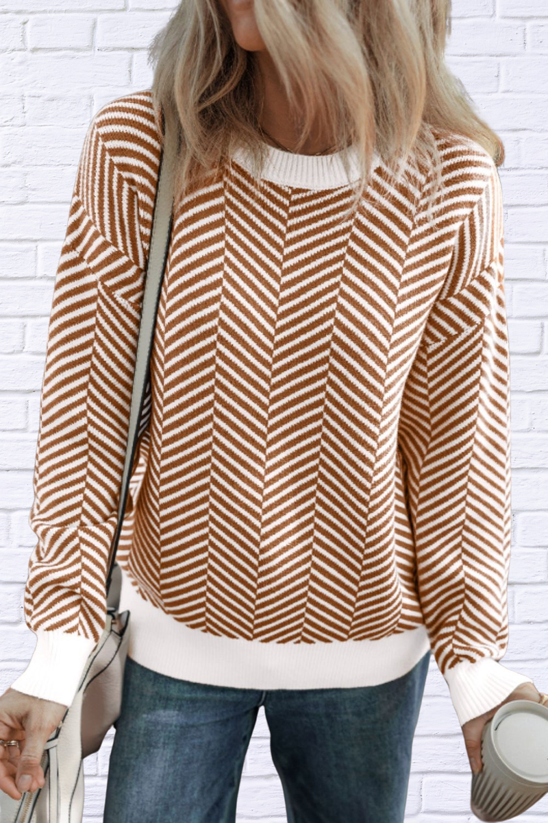 Herring Bone Round Neck Long Sleeve Sweater