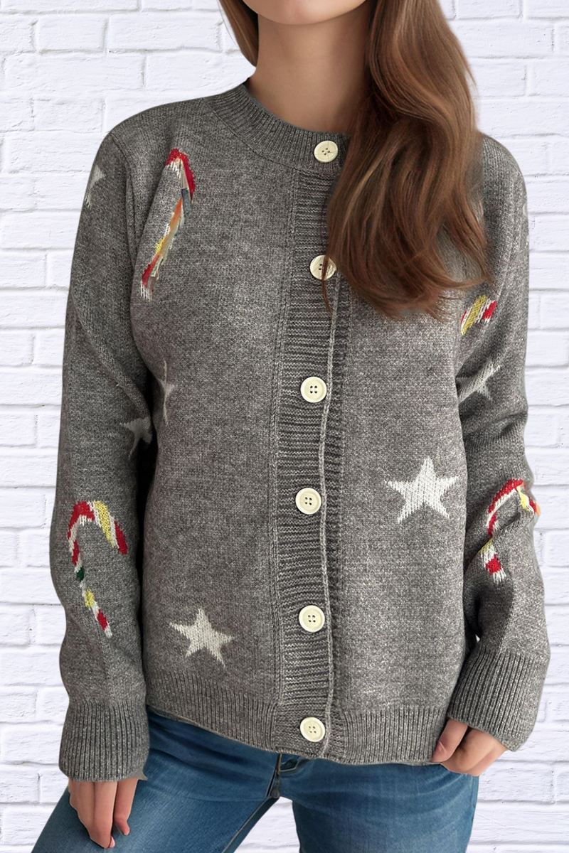 Candy Cane & Star Button Down Long Sleeve Cardigan