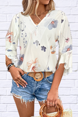 Hillary Ruffled Printed V-Neck Half Sleeve Blouse