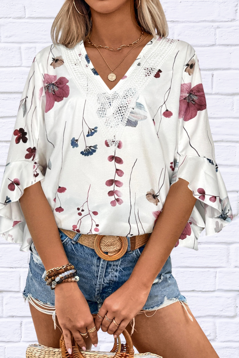 Hillary Ruffled Printed V-Neck Half Sleeve Blouse