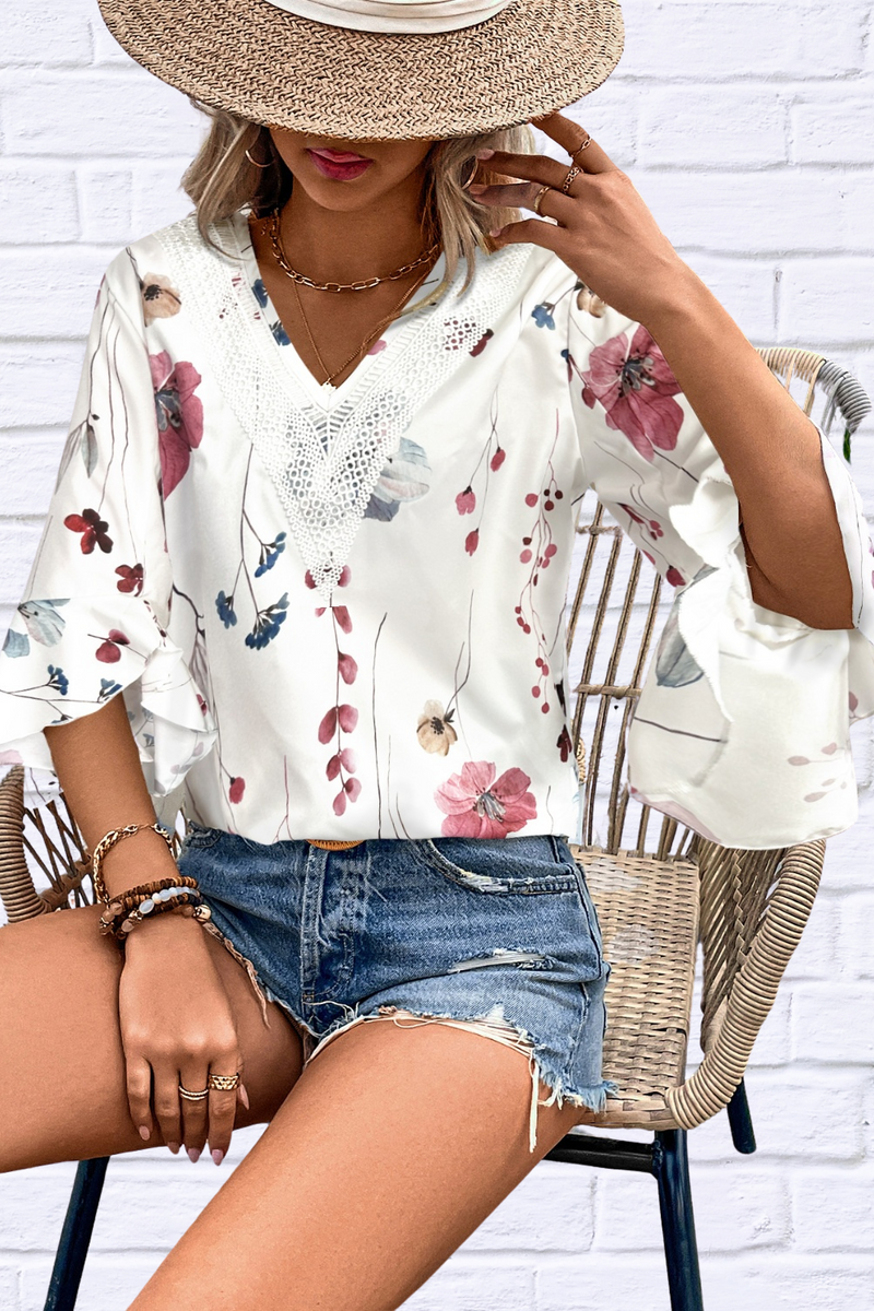 Hillary Ruffled Printed V-Neck Half Sleeve Blouse