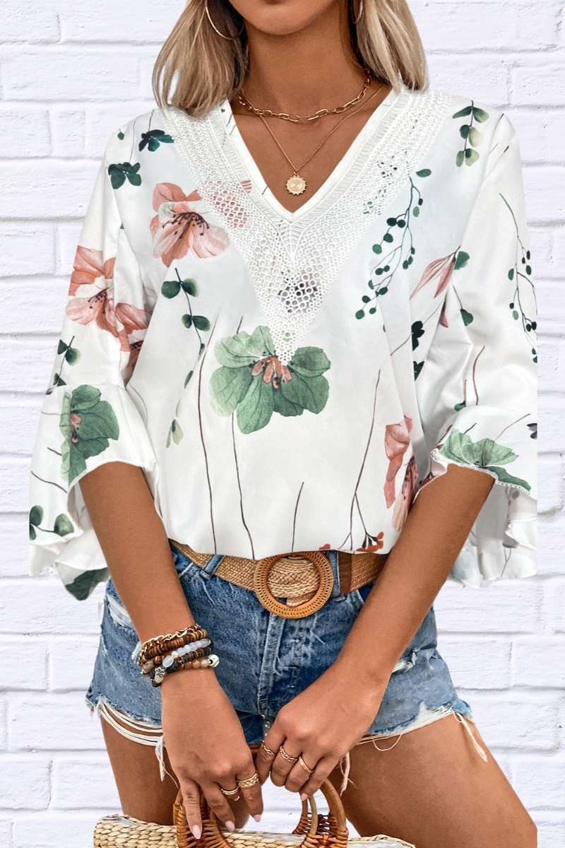 Hillary Ruffled Printed V-Neck Half Sleeve Blouse