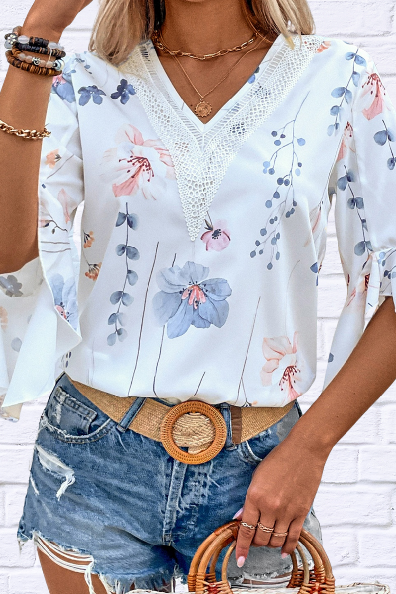 Hillary Ruffled Printed V-Neck Half Sleeve Blouse