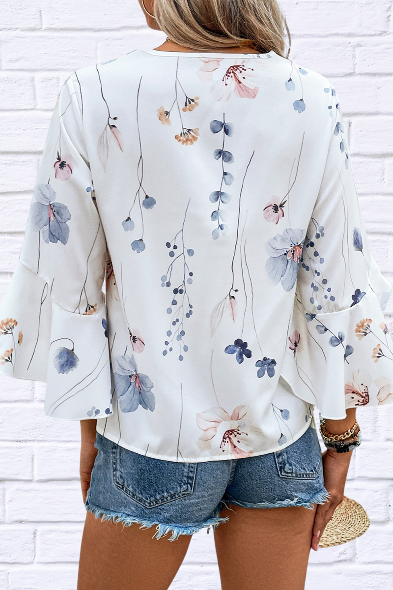 Hillary Ruffled Printed V-Neck Half Sleeve Blouse