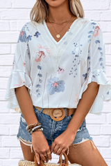 Hillary Ruffled Printed V-Neck Half Sleeve Blouse