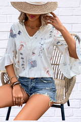 Hillary Ruffled Printed V-Neck Half Sleeve Blouse