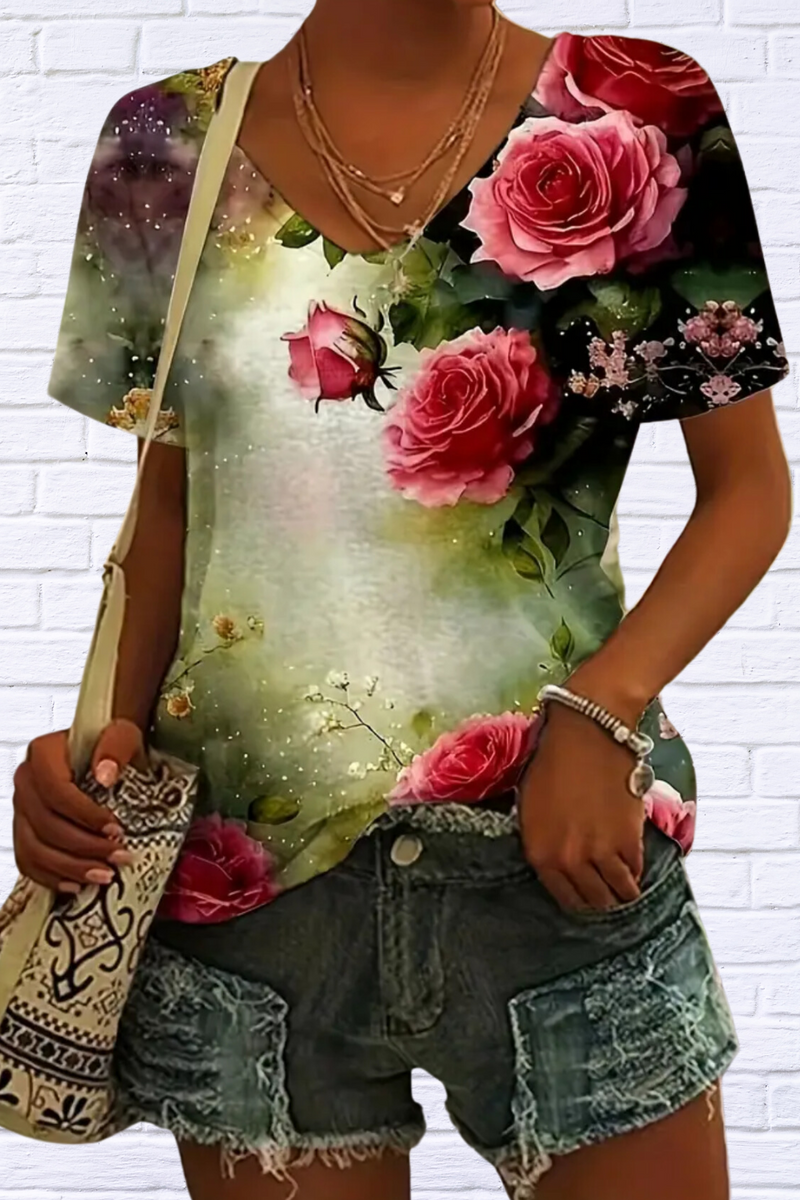 Vibrant Floral Print Short Sleeve V Neck T-Shirt