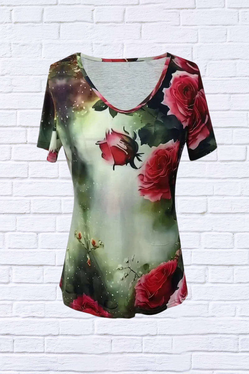 Vibrant Floral Print Short Sleeve V Neck T-Shirt