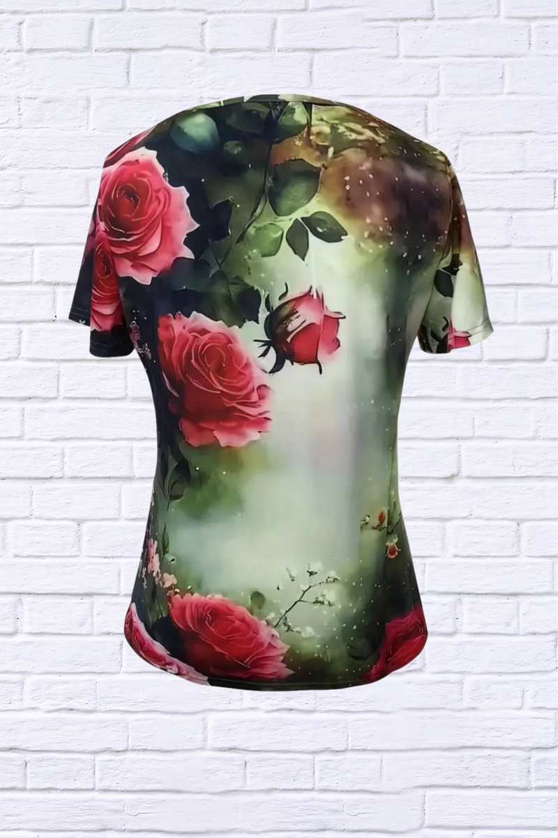 Vibrant Floral Print Short Sleeve V Neck T-Shirt