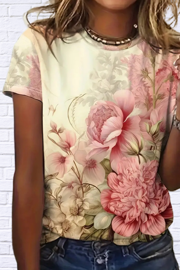 Vibrant Floral Print Short Sleeve Crew Neck T-Shirt