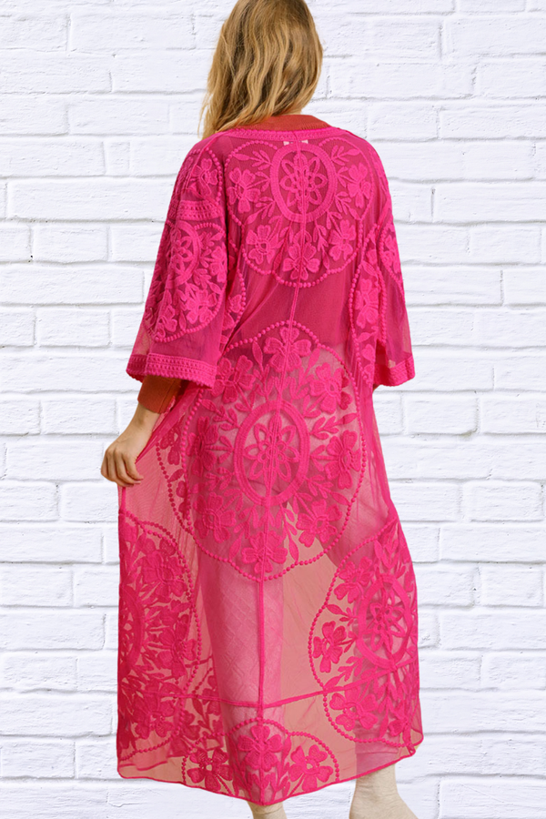 Umgee Full Size Floral Lace Open Front Long Kimono with Waist Tie Plus Size