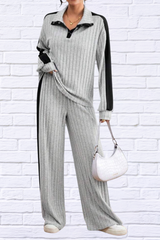 Contrast Collared Neck Long Sleeve Top and Pants Set