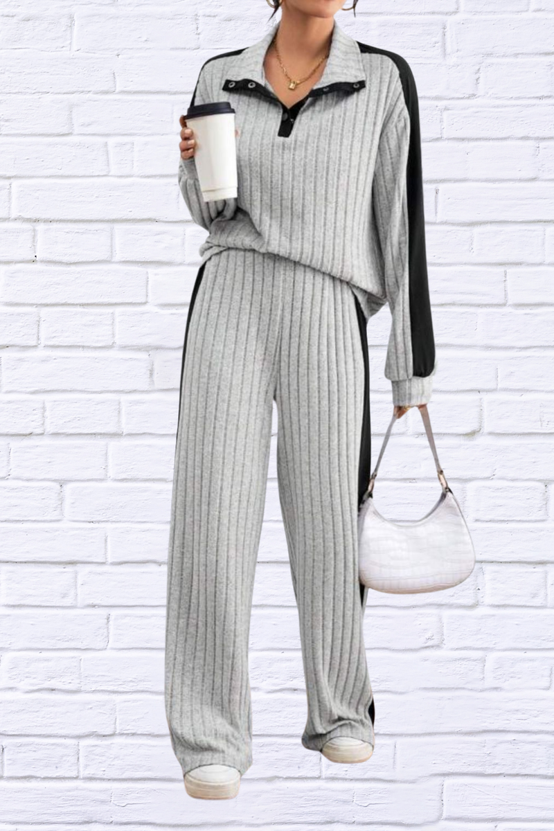 Contrast Collared Neck Long Sleeve Top and Pants Set