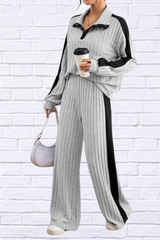 Contrast Collared Neck Long Sleeve Top and Pants Set