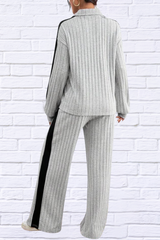 Contrast Collared Neck Long Sleeve Top and Pants Set