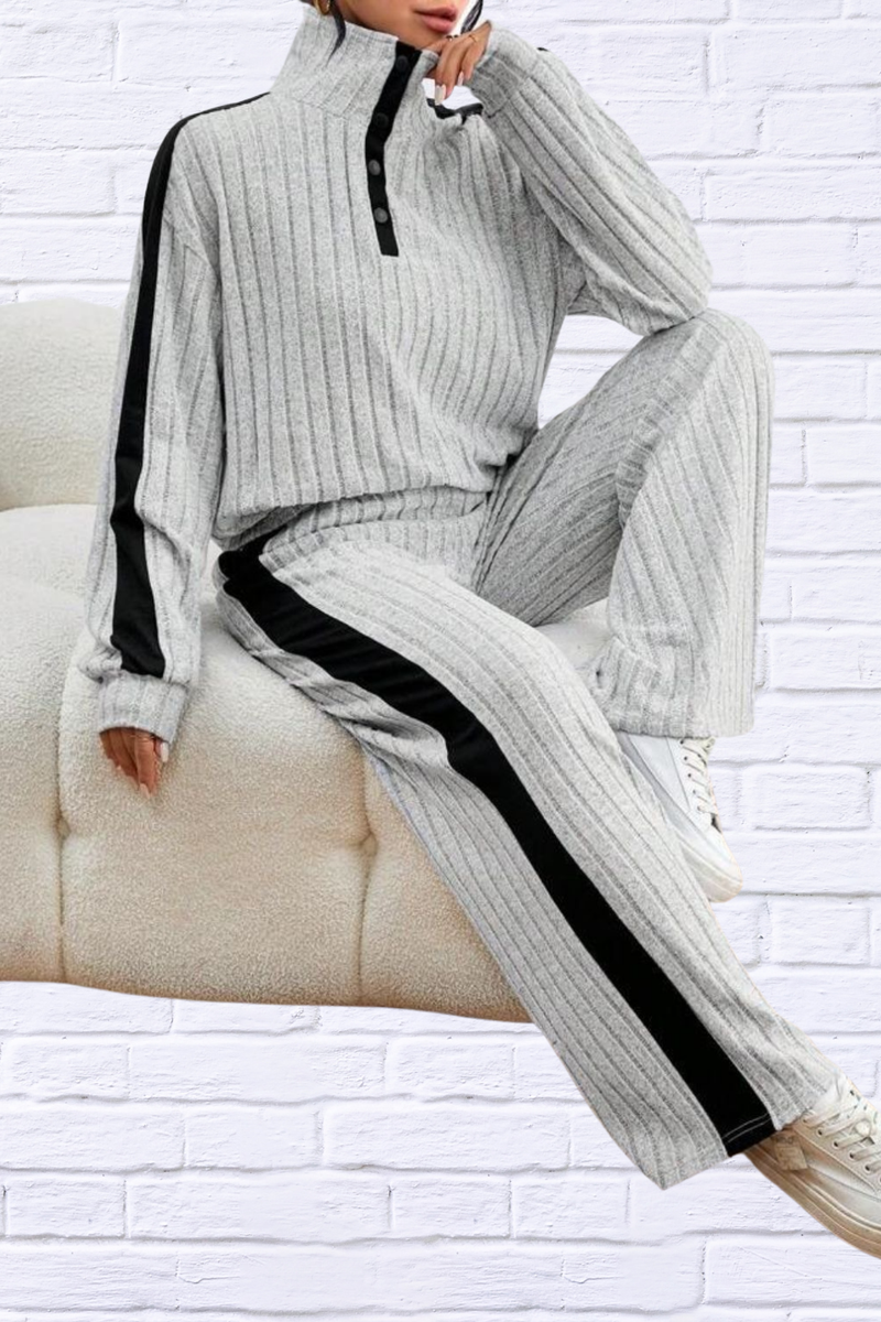 Contrast Collared Neck Long Sleeve Top and Pants Set