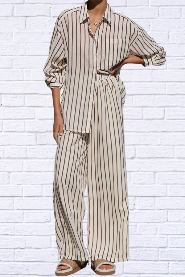 Striped Collared Neck Long Sleeve Top and Pants Set