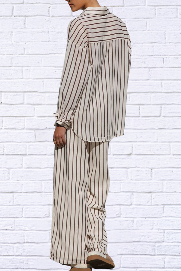 Striped Collared Neck Long Sleeve Top and Pants Set