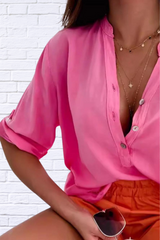 Solid Color Half Button Notched Half Sleeve Blouse