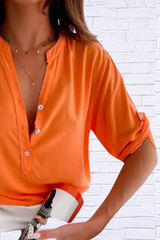 Solid Color Half Button Notched Half Sleeve Blouse