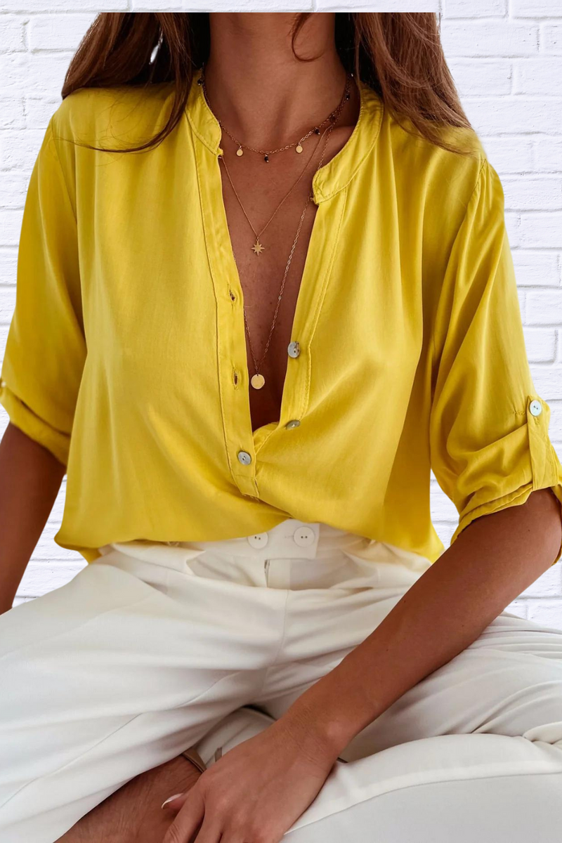 Solid Color Half Button Notched Half Sleeve Blouse