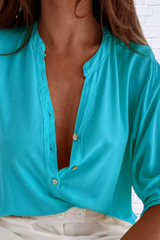 Solid Color Half Button Notched Half Sleeve Blouse