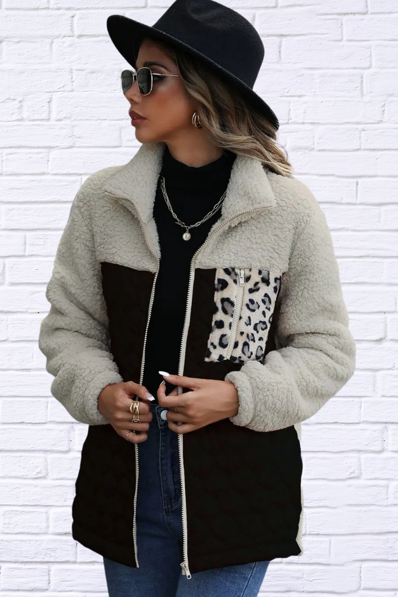 Leopard Color Block Zip-Up Jacket