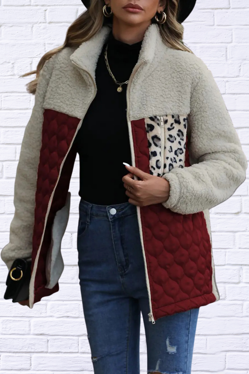 Leopard Color Block Zip-Up Jacket