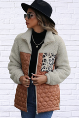 Leopard Color Block Zip-Up Jacket