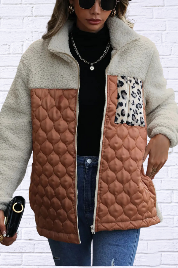 Leopard Color Block Zip-Up Jacket