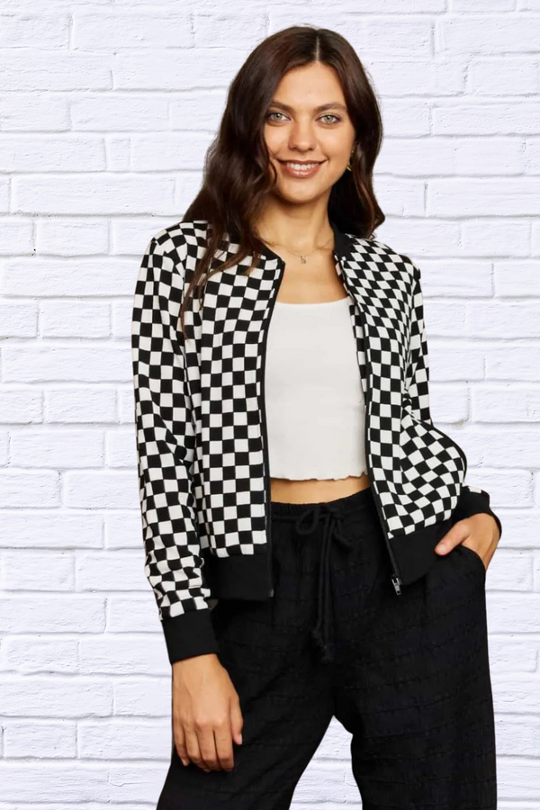 Full Size Plaid Round Neck Long Sleeve Jacket