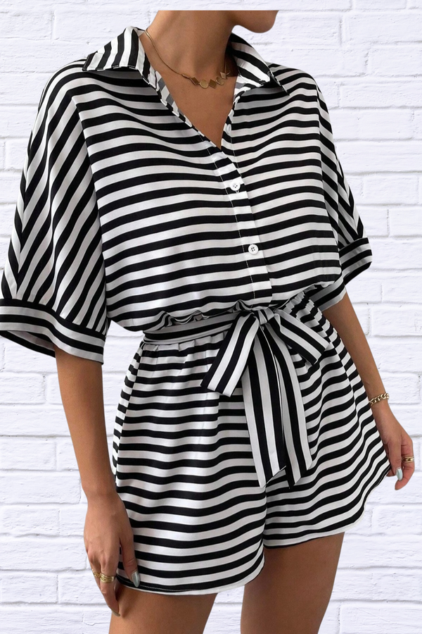 Tie Waist Half Button Striped Romper