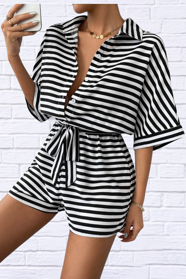 Tie Waist Half Button Striped Romper