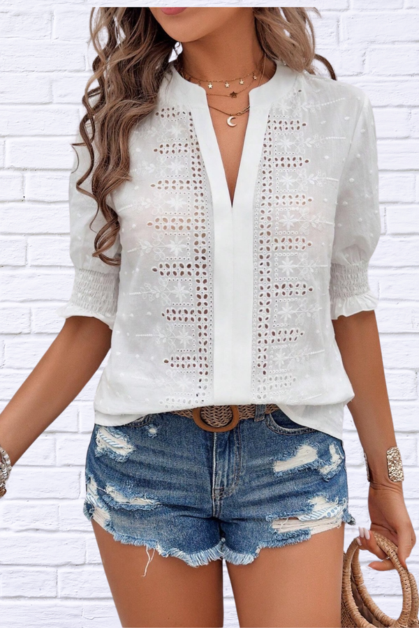 Eyelet Notched Flounce Sleeve Blouse