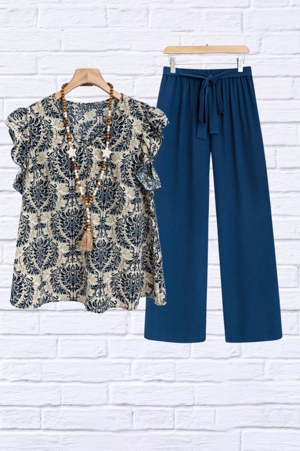 Printed Ruffled Cap Sleeve Top and Pants Set