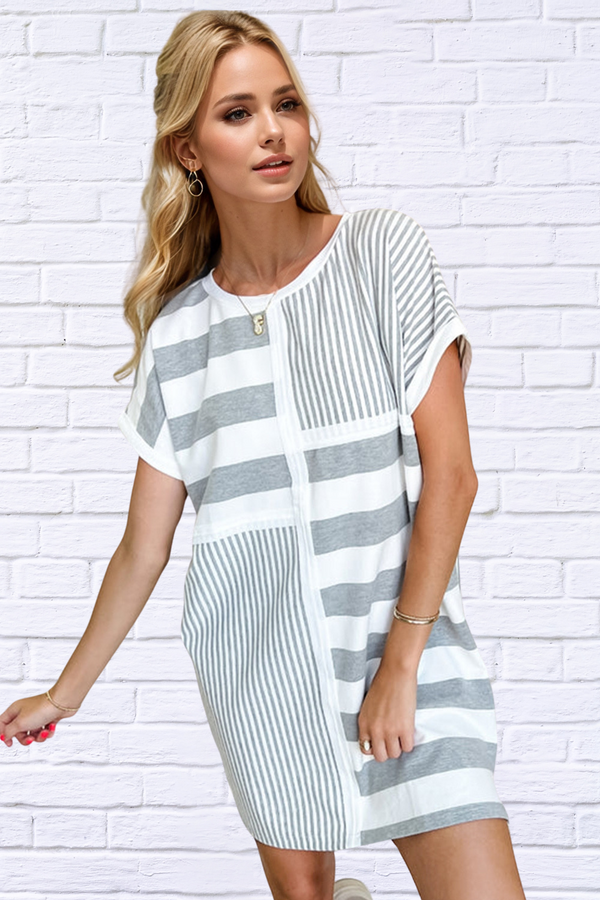 Oh Full Size Striped Round Neck Short Sleeve Mini Tee Dress