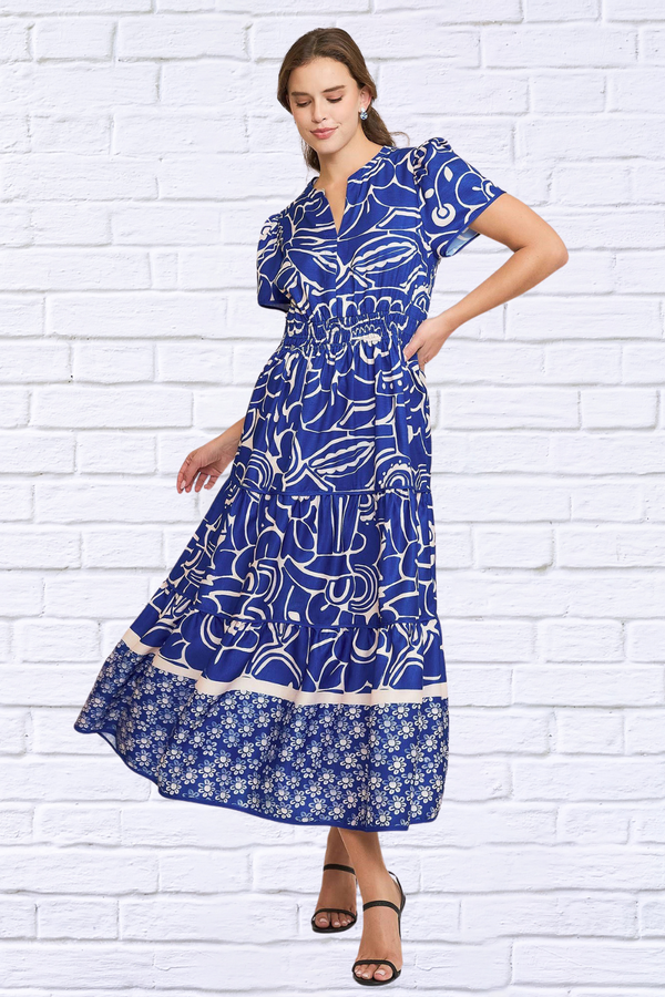 Full Size Printed Notched Short Sleeve Tiered Dress Plus Size