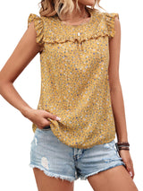 Ruffled Printed Round Neck Cap Sleeve Blouse