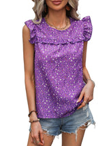 Ruffled Printed Round Neck Cap Sleeve Blouse