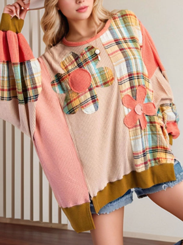 Slit Plaid Round Neck Long Sleeve Sweatshirt