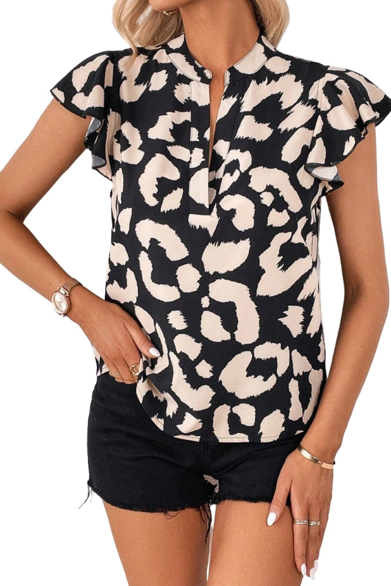 Leopard Notched Cap Sleeve Blouse