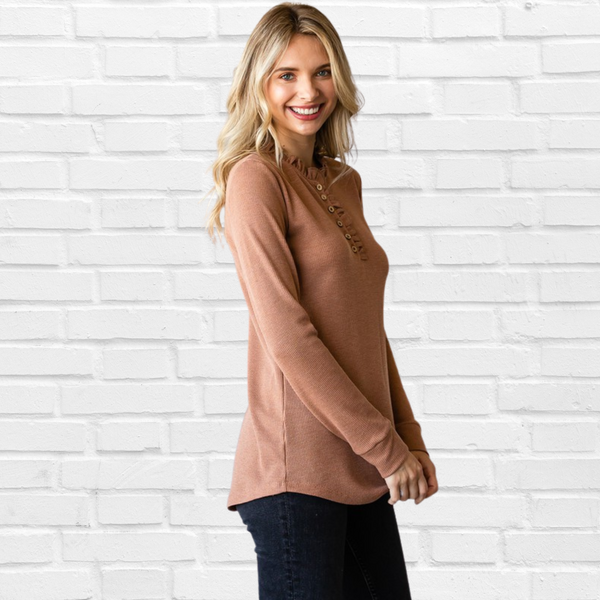 Camel Ruffle Button Top